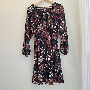 LOFT Black Floral Long-Sleeve Peasant Dress with Pink & Brown Accents